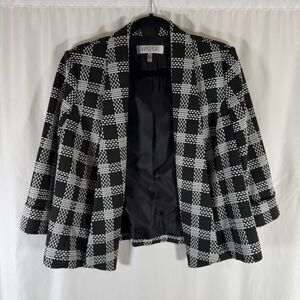 Kasper Blazer Womens 12P White Black Plaid Pocketless Knit Open Front 3/4 Sleeve